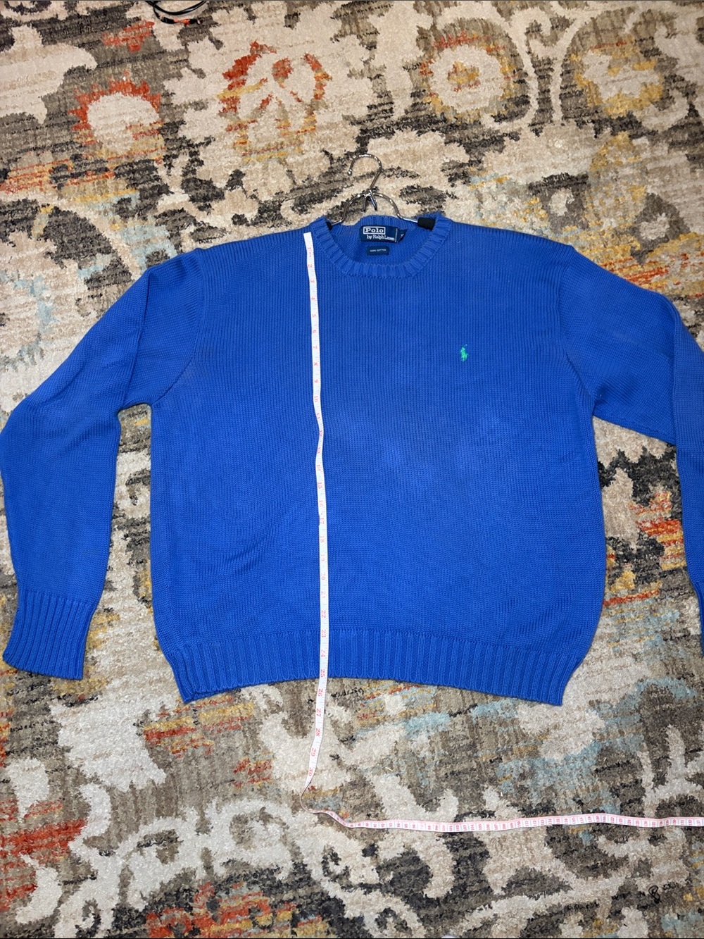 Vintage Ralph Lauren Men's Crewneck Sweater in Bright Blue with Green Polo Logo